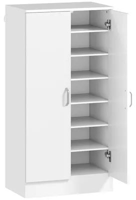 Produktbild von Schuhschrank mit Soft-Close-Scharnieren, 6 verstellbare Regale, 7-stufiges Schuhregal für Flur und Eingangsbereich, für 14 Paare, Anti-Kipp-Beschläge, Holzoptik, Weiß, 55 x 35 x 108 cm