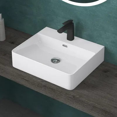 Immagine prodotto di doporro Lavabo da Appoggio Lavandino Sospeso Bagno Rettangolare 50 cm in Vetroceramica Bianco Lucido con Foro per Rubinetto e Troppopieno - Meissen201