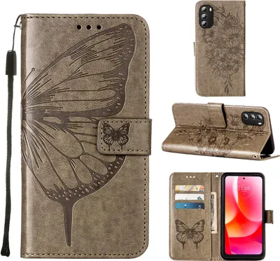 Produktbild von Moto G 5G 2022 Hülle, Schmetterling Prägung Flip Leder Kartenfächer Schutzhülle Ledertasche mit Ständer für Motorola Moto G 5G 2022 Grau