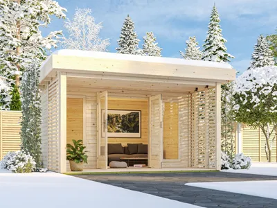 Produktbild von Gartenhaus Holz 38mm Blockbohlenhaus Gerätehaus Chione Schneelasthaus naturbelassen 397x397x238 cm