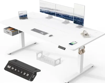 Immagine prodotto di Scrivania regolabile in altezza elettricamente, 180x80 cm, bianca, con cassetti, porta USB e funzione di memoria