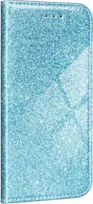 A close-up, front-facing view of a light blue glittery phone case.