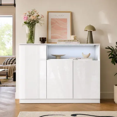 Produktbild von Hochglanz Sideboard Weiß 120x40x82cm mit 3-farbigen LED-Beleuchtung, 3 Türen mit verstellbarem Einlegeboden, MDF