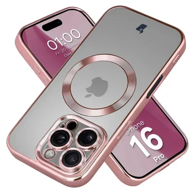 Produktbild von Handyhülle mit Kameraschutz und Magnetring für iPhone 16 Pro, Bizon Case GuardO, Transparent-Rosa