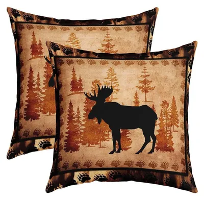Productafbeelding van Kussenslopen, 60x60 cm, set van 2, met hertenmotief, bruin en zwart, decoratieve kussens, polyester