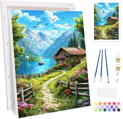 Productafbeelding van Ingelijste verf op nummer voor volwassenen, dorpsbergen schilderen op nummer kit voor volwassenen beginners canvas kit