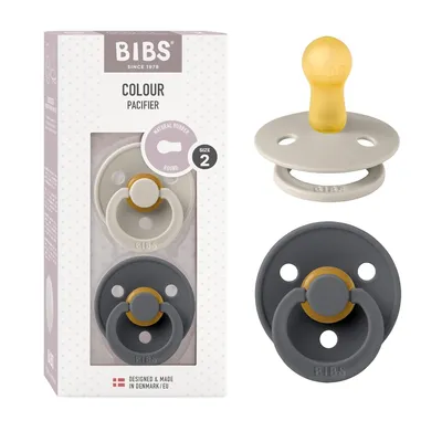 Produktbild von BIBS Colour Schnuller 2er-Pack, BPA-frei, Kirschform Nippel. Naturkautschuk / Latex, Hergestellt in Dänemark. Größe 2 (6-18 Monate), Sand / Iron