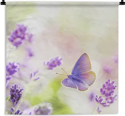 Produktbild von MuchoWow® Wandteppich Wandbehang Lavendel - Schmetterling - Blumen 120x120 cm Tapisserie Dekoration Wandtuch - Modern - Baumwollgewebe
