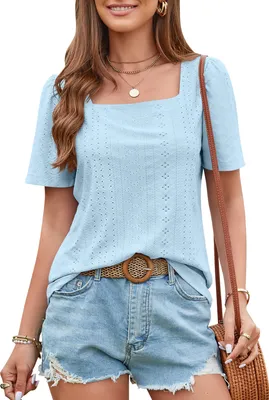 Image de ASKSA T-shirt femme col rond manches courtes élégant haut tunique, bleu, L