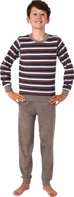 Produktbild von Cooler Jungen Frottee Pyjama langarm Schlafanzug mit Bündchen - 63560 ; grau , 128