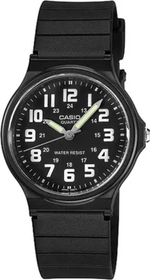 A black Casio watch with a black strap is shown against a white background.