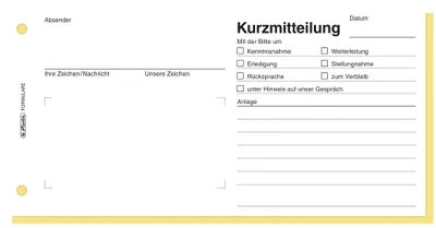 A blank form titled "Kurzmitteilung" (short message) with checkboxes and lines for writing.