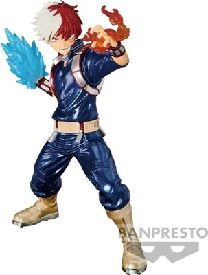 A figurine of the anime character Shoto Todoroki from My Hero Academia, posed dynamically with his ice and fire abilities.