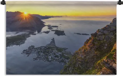 Produktbild von MuchoWow® Wandteppich Wandbehang Sonnenuntergang über den Bergen auf den Lofoten 60x40 cm Tapisserie Dekoration Wandtuch - Wanddekorationen