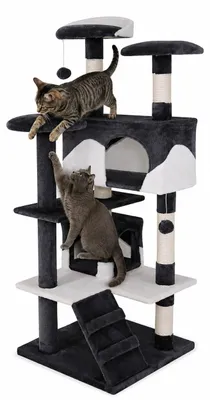 Produktbild von lionto Katzenkratzbaum, 130 cm großer Kratz- & Spielbaum mit 2 Höhlen, Treppe, 3 Liegeflächen & Sisalstämmen, grau/weiß