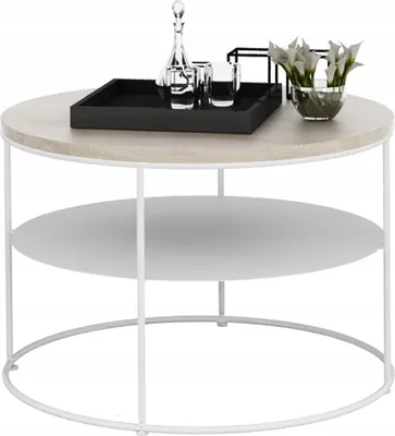 Zdjęcie produktu dla Okrągły Stolik Kawowy z Półką Loft 55 x 55 x 37 Biały+Dąb Sonoma
