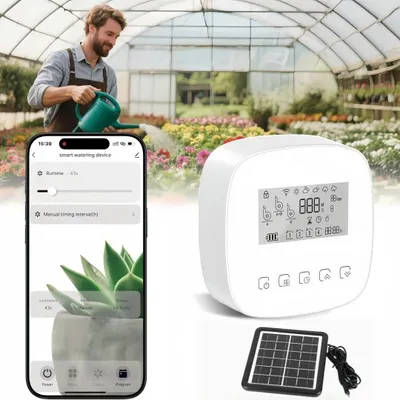 Produktbild von Automatische Bewässerungssystem mit USB/Solar Duale Stromversorgu, 2 Pumpen für Zonenbewässerung, Programmierbarem, Wiederaufladbar Bewässerungfür