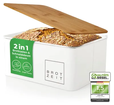 Productafbeelding van Broodtrommel - Metaal met Bamboe Deksel - Rechthoekig - Wit - 30,5 x 23,5 x 14 cm