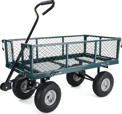 A green garden cart with black handle and wheels, shown against a white background.