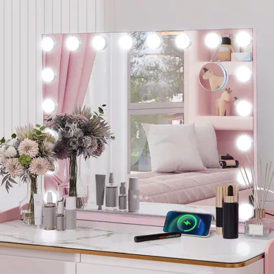 Productafbeelding van Puluomis make-upspiegel Hollywood, 80x60 cm, make-upspiegel met verlichting, 18 LED's, 3 kleuren, dimbaar met USB, 10-voudige vergroting, tafelspiegel, roze