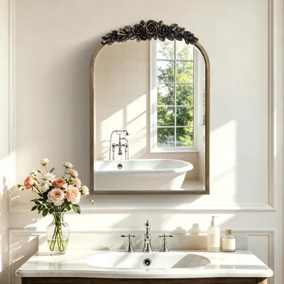 Immagine prodotto di WISFOR, mobiletto specchio in stile barocco, color oro, specchio da parete con spazio contenitore, armadietto per medicinali con specchio, dimensioni 51x76,5 cm