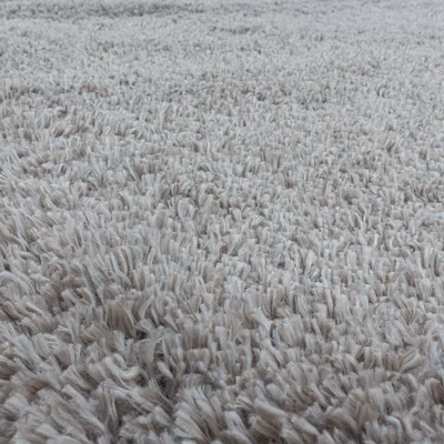 A close-up view of a beige shaggy rug.