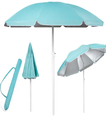A beach umbrella is shown in three different states: fully open, partially open, and folded with its carrying case.