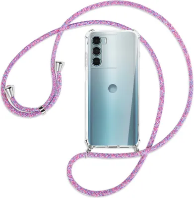 Produktbild von Handykette Backcover-Schutzhülle mit Band (Metall silberfarben) für Motorola Moto G200 5G - lila/rosa/blau