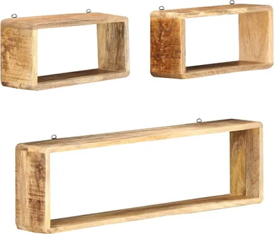 Three wooden cube shelves are displayed against a white background.