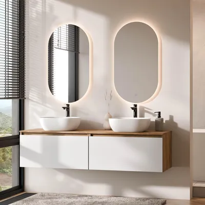 Produktbild von Planetmöbel ARISA Doppelwaschtisch 160 cm in Weiß mit 2 LED Spiegel und 2 weißen Keramik-Aufsatzwaschbecken 42 cm