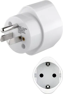 A white electrical adapter with US/Japan plug prongs on one side and a European socket on the other, shown from two angles.