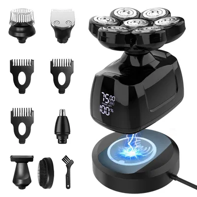 Produktbild von Elektrischer Rasierer für Herren - Glatzenrasierer für Kopf und Körper - 5-Klingen-Rotationsrasierer - 5-in-1 Trimmer Set - USB-C wiederaufladbar, kabellos, Schwarz