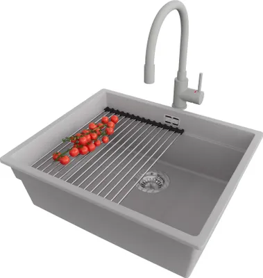 Produktbild von PRIMAGRAN Granitspüle Grau 56x47cm, Spülbecken 1 Becken + Küchenarmatur 38x14cm + Ablauf-Set + Küchenzubehörset, Küchenspüle ab 60er Unterschrank - Praga Slim