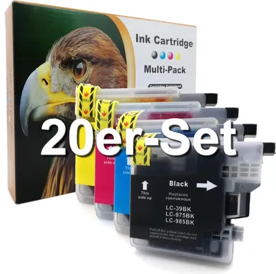A box of ink cartridges with an eagle on it, and several ink cartridges in front of the box.