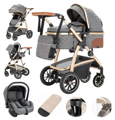 Produktbild von 3 in 1 Kinderwagen - SK20 Kombikinderwagen - Hohe Sitzposition - Verstellbarer Schiebegriff - Klappbar Reisebuggy - Moskitonetz - Bis 20 kg - Grau