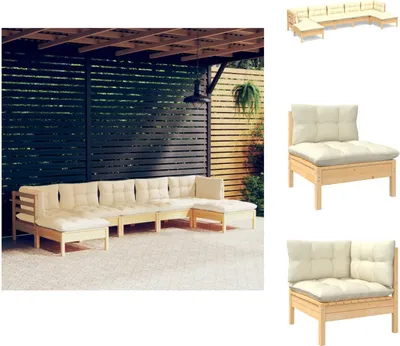 Produktbild von vidaXL 7-tlg. Garten-Lounge-Set mit Creme Kissen Kiefernholz -  Gartenmöbel-Sets