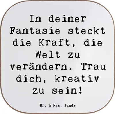 Produktbild von Mr. & Mrs. Panda Tischuntersetzer Spruch Die Freude an der Kreativität entdecken - Weiß - Geschenk, Zuversicht, kreative Freiheit, Tassenuntersetzer, mutig, handgefertigt