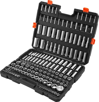 Produktbild von SucceBuy Steckschlüsselsatz 163-teilig, 9,53 mm, 6,4 mm und 12,7 mm Antrieb, SAE und metrische Größen, tief und Standard, inklusive Aufbewahrungskoffer, aus verchromtem CR-V-Legierungsstahl
