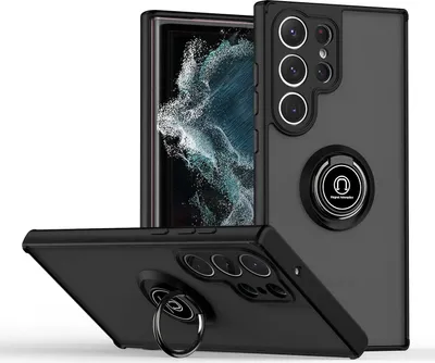 Produktbild von Samsung S23 Ultra Hülle, Ring Halter Ständer Matte Transluzent TPU Rahmen Stoßfest Schutzhülle für Samsung Galaxy S23 Ultra Schwarz
