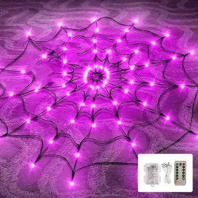 Produktbild von Halloween-Spinnennetz mit 70 LED-Lichtern, 8 Modi, batteriebetrieben, mit Spinnendekoration-Purple