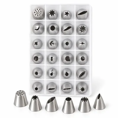 Imagen del producto de Juego de boquillas para decoración de pasteles, 24 piezas – Boquillas de acero inoxidable para tartas, cupcakes y repostería – 24 moldes para decoración