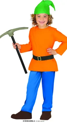 A child wearing a dwarf costume holding a pickaxe.