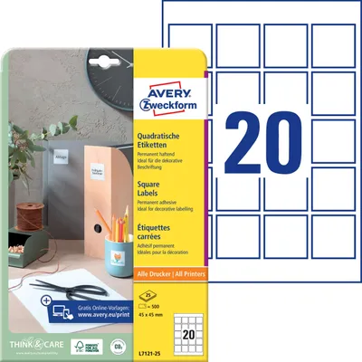 Obrázek produktu pro Avery L7121-25, Bílá, Čtverec, Permanentní, 45 x 45 mm, A4, Papír