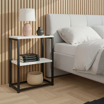 Produktbild von Carenza Home Beistelltisch Weiß Metallgestell 2 Ablagen 44x29x63cm Nachttisch Sofatisch Wohnzimmer Schlafzimmer Badezimmer