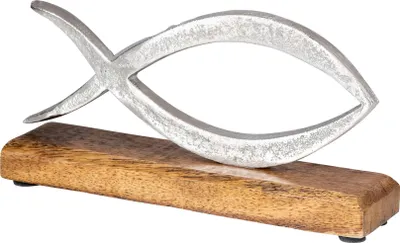Produktbild von Aufsteller Fisch L13cm Metall Mango Holz Silber Natur Maritime Deko Christentum