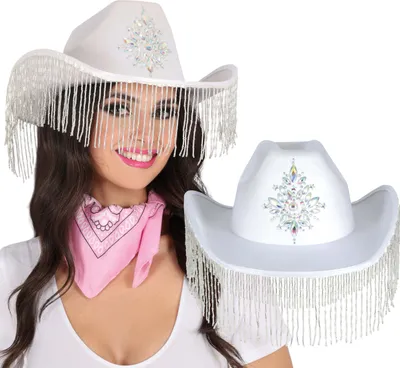Produktbild von Cowboy Hut Weiß Glitzerfransen Karneval Kopfschmuck Strasssteine Accessoire, Farbe: Weiß