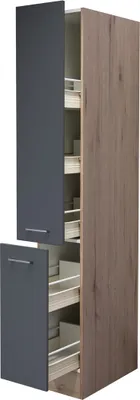 A tall kitchen cabinet with pull-out drawers, showing a combination of gray and wood-effect finishes.