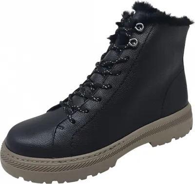 A black leather boot with a tan sole and fur trim.