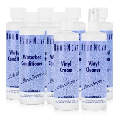 A group of cleaning product bottles, mostly waterbed conditioner and vinyl cleaner/cream, arranged in a collage.