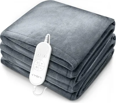 A folded gray electric blanket with a white controller attached.
